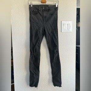 rag & bone high-rise, skinny dark grey jeans with knee cut outs